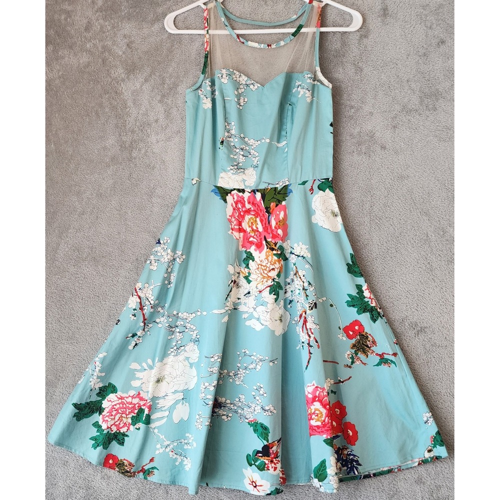 Bridesmay Dress Womens Small Blue Floral Sheer Mesh Neck Pinup Fit and Flare